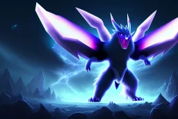 legendary pokemon. Dark type. Mythical. Chaos. Nightmares. Black and purple colors. intimidating. moon. night. God. big beast. creature.