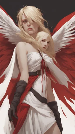 A blonde girl is blindfolded with a red cloth, two white wings behind her. Cinematic image