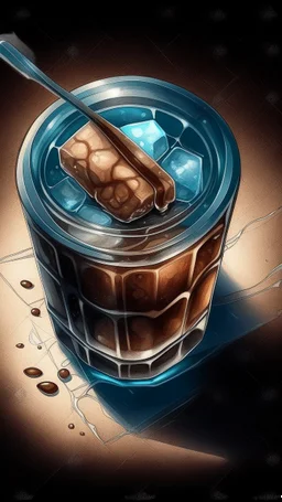 illustration of an ice cube, a coffee bean is frozen inside ice cube and ice cube has a straw, ggraphic, studio lighting, shot from above, muted colors, vector look, Watercolor, trending on artstation, sharp focus, studio photo, intricate details, highly detailed, by greg rutkowski