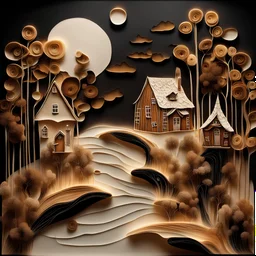 An abstract surreal painting of a village with a cottage, fences, river, trees, in a surreal eerie dim forest; symbolism; clear detailed dress with 3D texture brushlines; very very soft quilling; in the style of Hieronymus Bosch, Mandy Disher; light background; white brown black gold and bronze, nature-inspired pieces; Bess Hamiti; multi-layered style; whimsical nature; ink painting; surreal styl