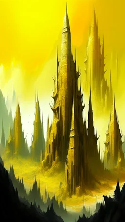 Yellow thunderous spires designed in ancient Egyptian hieroglyphics painted by Zhang Lu