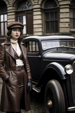 young woman with straight shoulder-length hair, dressed in brown leather trousers and waistcoat, leather gloves and a fascinator in an old industrial courtyard, next to a steampunk steam car