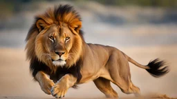 A large african male lion chasing a zimpala, dynamic action, jumping, splashes of sand, nature photography, raking light, blue lights in the background --ar 16:9 --style raw --v 6.0