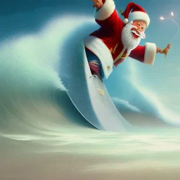 Santa surfing a big wave, surfboard, beach, character design by cory loftis, fenghua zhong, ryohei hase, ismail inceoglu and ruan jia. unreal engine 5, artistic lighting, highly detailed, photorealistic, fantasy