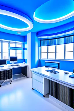 The office desks are hung on the walls in an oval shape, and the color of the walls is blue and the floor is white