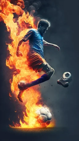 soccer player kicking a ball covered in fire