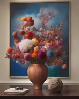 november very sunny day at 10 a.m. volumetric lightning, professional studio photography with Leica Hermes Edition M7 camera of intricate qwilling floral bouquet in a metamodernist knit vase on brutalist knit table, overloaded and sophisticated composition, contemporary urban art gallery context, hyper detailed, hyperrealistic, intricate details. inspired by Wassily Kandinsky, Benetton and Bruno Munari. Eye-catching, vivid, product-focused, sharp focus, extravagant.