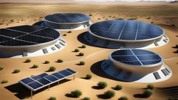 photo from solar power plants, solar energy panels stand in rows in a semi-desert, semi green planted futuristic ​​special landscape, special circular and columnar and abstract shaped solar panels, in the distance the metallic dome of a solar power plant glitters, in the foreground of the picture, stands on a hill a dark silhouette of a short-haired woman and looking up at the sun, the light blue-white sky shows a glowing sun. high detailed, sharp focus, masterpiece