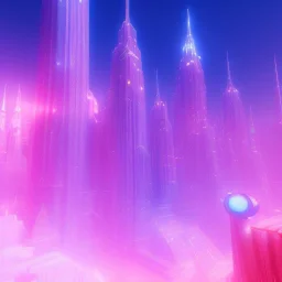 a crystalised blue pink futuristic city suspended in the air, gold, diamonds, lightbeams, sunny atmosphere, realistic, unreal engine, 8k. Cinematic lighting, octane render.