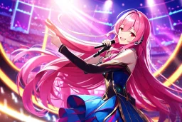 girl, masterpiece, best quality, volumetric lighting, detailed outfit, perfect eyes, long hair, pink hair, red eyes, music stage, micro phone, lens flare abuse, laughing,