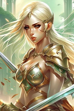 pretty girl, warrior, elf, blonde hair, fantasy, conventionally attractive, fighter, sword, young, maternal