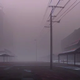 An empty carpark on a misty day. Telegraph poles and wires. Muted tones. Tilted horizon. With blotches, blurry areas and lens noise and grain. Hyper realistic Photo 4k