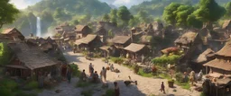 A busy outdoor village market, in a beautiful outdoor countryside summer scene, with distant hills & fields, many intricate dwellings, many animals, many pathways & stairways, waterfalls, & a waterwheel : very high detail, photorealistic, epic cinematic, 8K, Large depth of field