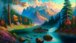 Serene landscape with river running trough mountains, a forest with a lot of vibrant colors, in the style of bob ross, thomas kadinskade and albert bierstadt. Peacefull and calming, intricate details, vibrant.