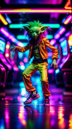 sexy stunt funky punk hippy hairy alien pimp tap dancer fashion gremlin in the middle of crazy dance moves dancing on buss parked in dark neon lit reflective wet arcade hall tunnel,bokeh like f/0.8, tilt-shift lens 8k, high detail, smooth render, down-light, unreal engine, prize winning