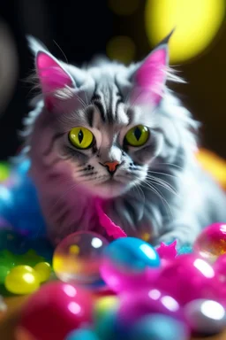 portrait of glitter haired cow like kitten playing a hippie space ship made of ice cream, smiling with beautiful shiny, each inside a pile of transparent jelly bubbles of weird colors with insect aliens inside, disco egg made of small mirror, light rayz, feast table ,shot on Hasselblad h6d-400c, zeiss prime lens, bokeh like f/0.8, tilt-shift lens 8k, high detail, smooth render, down-light, unreal engine, prize winning