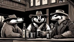 Anthropomorphic American badger wearing a cowboy hat and having a whiskey at the saloon with his other anthropomorphic animal buddies. Illustration.