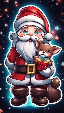 Chibi santa-claus hug big Chocolate in 8k sticker, style of fairy academia, neon lights, intricate details, highly detailed, high details, detailed portrait, masterpiece,ultra detailed, ultra quality