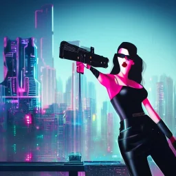 princess girl pointing gun, cute, metal skin, neon eyes, red lips, on her keen, menacing, cyberpunk city in background, realistic, 4k