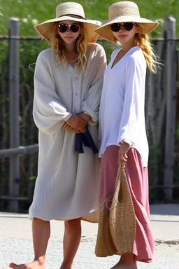 ((Mary-Kate and Ashley Olsen a warm hug)),Her laughter floats harmoniously with the sound of seagulls, infusing the air with a joyful melody. A vivacious energy radiates from her as she gracefully adjusts her oversized sun hat, casting a charming shadow on her sun-kissed face. The rhythmic crashing of waves seems to echo her carefree spirit.