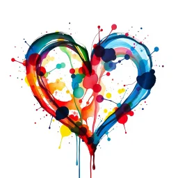 artistic ink splatter abstract painting in the shape of a heart, primary colors, double exposure, fine art, white background