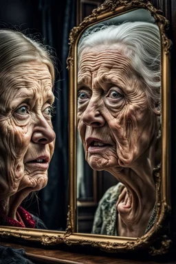 a young girl looking herself in the mirror with shock on her face, an old woman face reflecting in the mirror, hyper realistic, ultra detailed, stunning intricate details, HDR, beautifully shot, hyperrealistic, sharp focus, 64 megapixels, perfect composition, high contrast, cinematic, atmospheric, moody Professional photography, bokeh, natural lighting, canon lens, shot on dslr 64 megapixels sharp focus