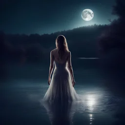 a 30-year-old woman in a translucent, shiny, tight-fitting dress stands in the lake. All around is a night landscape with a lake and trees, illuminated by the moon. Cool white lighting. shiny clothes, sparkling lake. Magazine photo, high resolution. Fantasy style, Front view photo. Everything has fantastic highlights and sparkles. There are ripples on the lake from the wind and the lake sparkles with reflections. It's raining heavily, tree branches are falling into the water, and there are autum