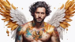 white background, 35-year-old man angel, fine rendering, high detail, 8K, drips, bright colors, HD photography, feathers flying, swirls, gold, tattoo, apple