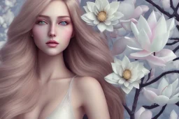 femme long cheveux blond blancs yeux bleus , 8k resolution, flower magnolia lotus rose, beautiful portrait, 8k resolution, flower head and body, beautiful