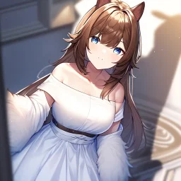 Clear focus, High resolution, Long fluffy brown hair, blue eyes, wearing a white skirt, detailed outfit, wearing a jacket oversized off shoulder, rough line, hair above ears, dog ears, off shoulder white shirt