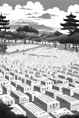 landscape, Japanese open air flat cemetery with thousand Japanese gravestones, high detail, manga style, grayscale