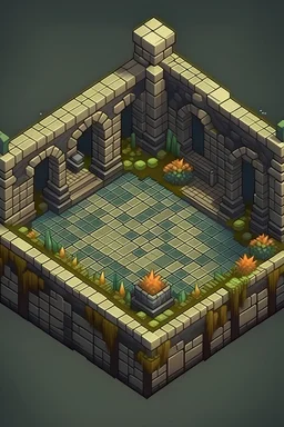 isometric dungeon with ruins and vegetation on the walls. Hand painted, full of details
