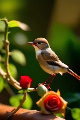 nightingale bird depressed, sitting on a rose stalk in the garden, beautiful sunny day