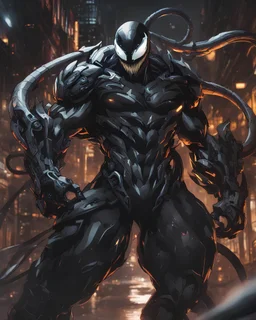 Venom mix with machine in solo leveling shadow artstyle, cyberpunk them, intricate details, highly detailed, high details, detailed portrait, masterpiece,ultra detailed,best quality