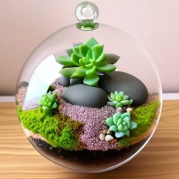 overfilled succulent terrarium in a glass orb, highly detailed, intricate, pebbles, pastel colors, warm lighting, linen backdrop