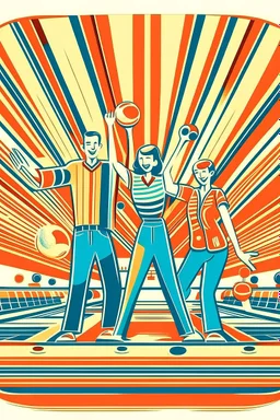 A vintage bowling alley interior with a group of friends celebrating a strike, wearing colorful bowling shirts. Style: Retro Illustration, Mood: Fun and Nostalgic, Lighting: Warm, overhead lights, T-shirt design graphic, vector, contour, white background.