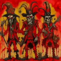 Lovecraftian scarecrow bagpipers, dramatic, horror, by Jonathan Meese, 2D oil painting, red hues