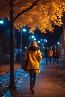 night yellow lights over the street trees autumn leaves under feet ,a Student adult girl with books in her hand walking in street looking to camera a boy who loves her flowing her from distance back