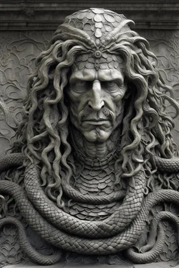 sculpture of handsome man with long curly hair and a snake , front view . decayed and rotting with grotesque proportions and imagery. abstract grotesqueries, detailed texture, surreal horror, biomechanical design, by hr giger and beksinski