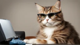 very clever cat with glasses playing computer games