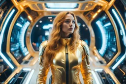 a woman with golden space suit and long hair is inside a spaceship and looks the cosmos through the spaceship big window, spaceship interior is bright with beautiful plants and design furnitures, cinematic effect, 4k, windows are the focus