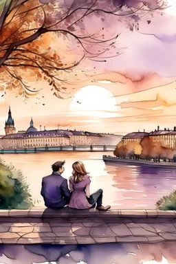 romantic, city panorama vienna, charakterictic architecture, watercolor, two people on bench, sunset, river, big tree, purple, proposal