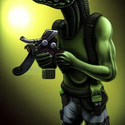 Alien, snake, metaljellyfishsombrero, vest, hands, holding gun, holster, steel military boots, squishy, chest plate, oxygen mask, bulbus nos snout, reptile pupil, blasterrifle,monster