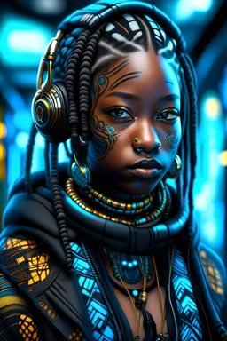 African black girl 24 years old. Braids. Pretty long face. Piercings. Headphones. Tattoo in the face. Intense look. Glowing eyes. Makeup. Geisha mask. Photorealistic. Real light. Harajuku Japanese esthetic. Retrofuture. Hip hop. Black panther. Textile texture Detail. Bubble jacket iridescent. Eyeliner. Guettoblaster. Real reflection.