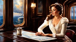 Imagine you are on board the Titanic, in the luxurious cabin where Jack and Rose share a moment of intimacy. Jack, a talented artist, decides to paint a portrait of Rose in this iconic setting. Describe the scene in detail, capturing the emotions and atmosphere as Jack carefully paints his muse on the canvas. How does Rose react to being immortalized in this way? What thoughts and feelings are running through their minds as they create this beautiful piece of art together? Let your imagination r