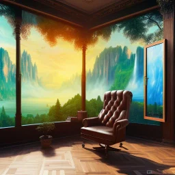 old wood sober house, large desk, parquet, sheet of paper, little pen, office chair in front of a huge picture window with large view on a waterfall with warm light, sunset ,photorealistic, detailed, panorama, nature, globe, 8K, Hallelujah mountains, view first person