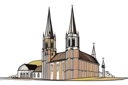 Imagine a simple modern poster inspired drawing of roskilde domkirke in denmark drawn in 2d elevation