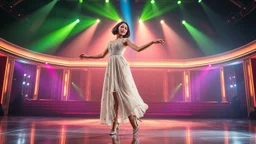 full body shot of a very beautiful Azeri lady with makeup and bob hair, wearing a pretty jewelled long skirt and heels, dancing gracefully on a modern stage with luxury structure and dynamic color lights.