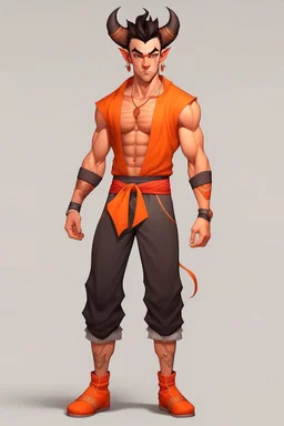 Full Body, Male Tiefling Body like Goku, boxer, street outfit