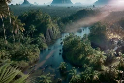 Extreme long shot, Birds Eye view, jungle skyline, smooth, god rays, unreal engine 5, ray tracing, RTX, lumen lighting, ultra detail, volumetric lighting